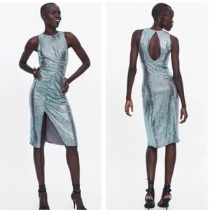 Zara Sequin Mint Ruched Mini Metallic Bodycon Dress Size XS